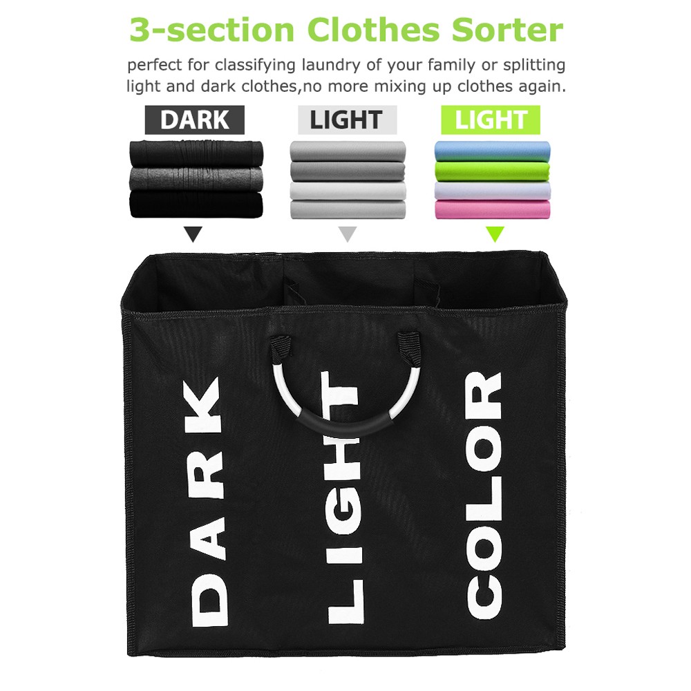 ⁺Collapsable 3-section Laundry Bag Foldable Laundry Hamper Durable Oxford Fabric