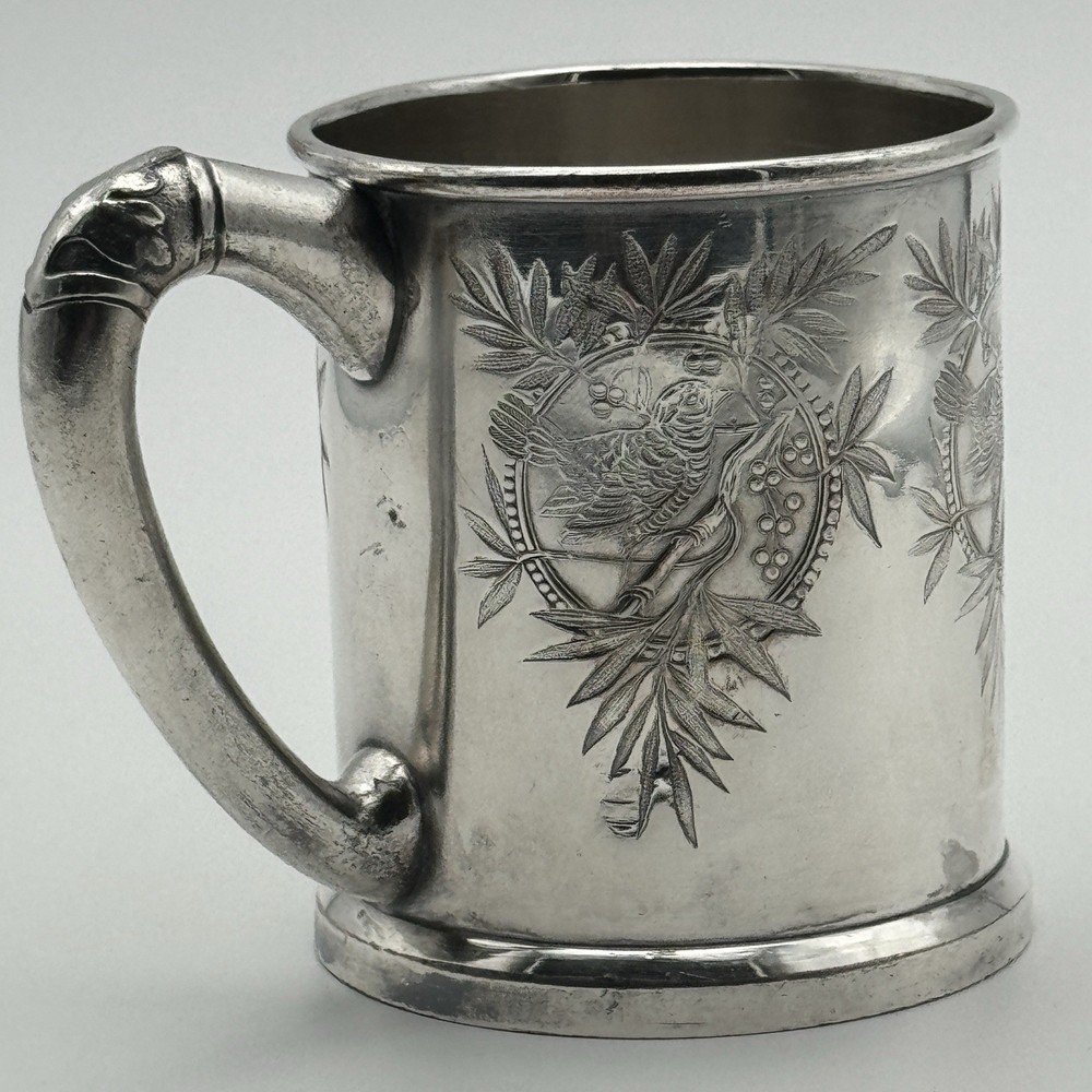 Vintage Mini Silverplate Mug Bird Bamboo Etched 3” Small Cup Keepsake Decor