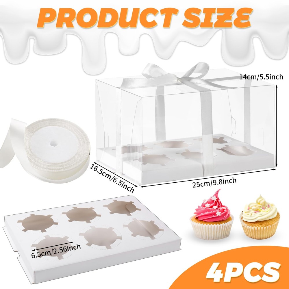 JCD 4 Pack Clear Cupcake Boxes Plastic Containers with Gift Ribbon 5.5inches