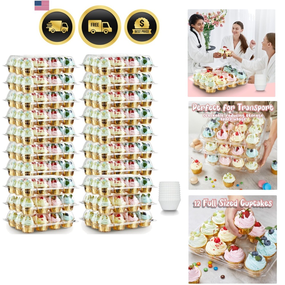 12 Pack x 20 Sets Stackable Cupcake Carrier with 240 Pack Liners, Plastic Cup...