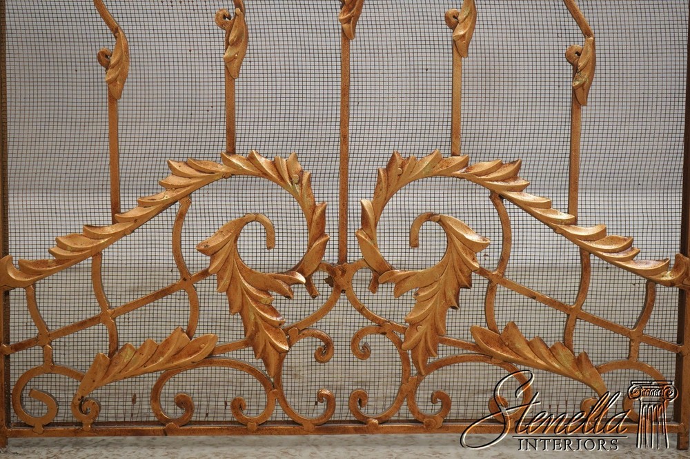 F72220: Vintage Three Panel Iron Frame Gold Painted Fireplace Screen