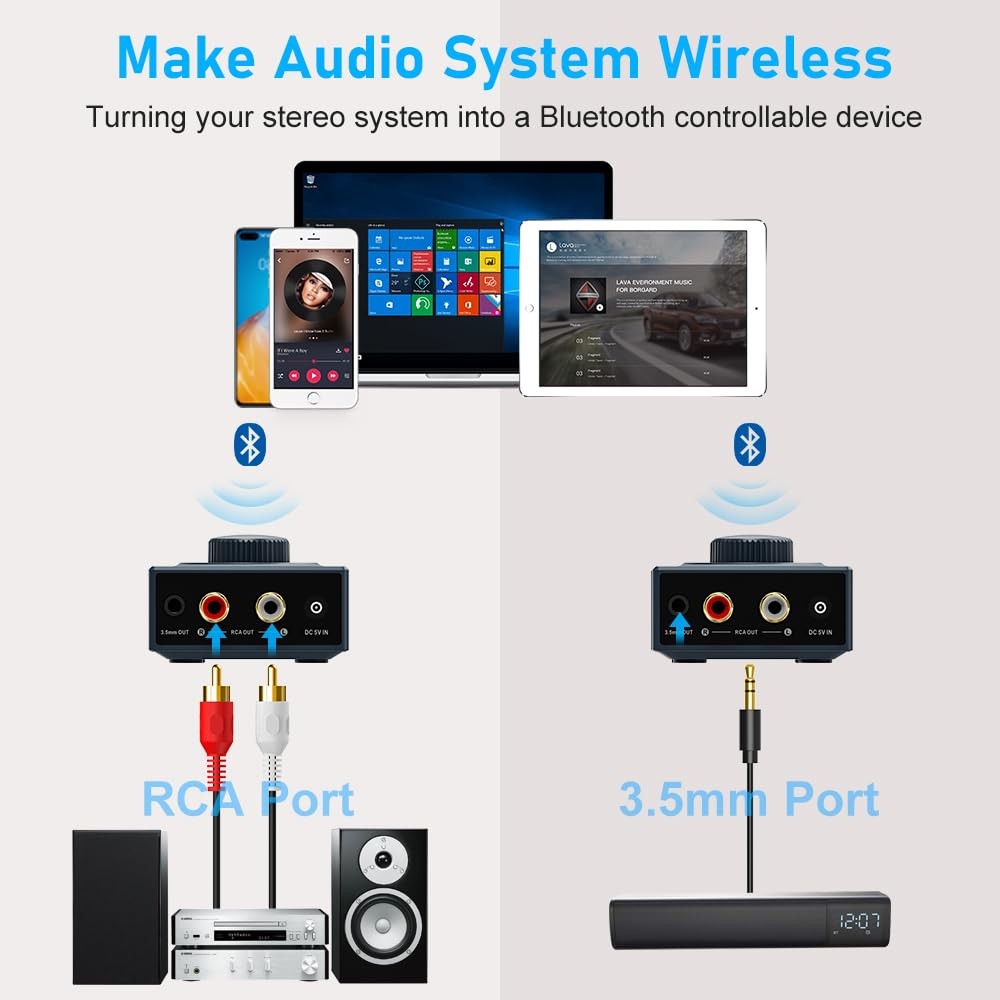 B06T3 Bluetooth 5.3 Receiver, 100ft RCA Bluetooth Audio Adapter for 3.5mm Jac...