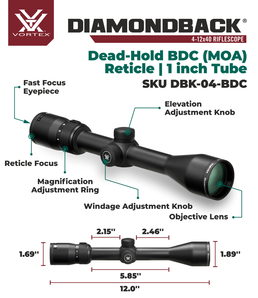 Vortex Diamondback 4-12x40 Riflescope Dead-Hold BDC MOA w/Camo Forest Hat Bundle