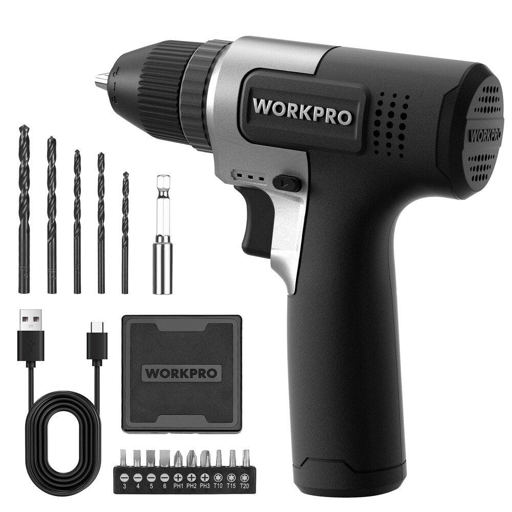 WORKPRO 8V Cordless Drill Set Electric Power Drill 3/8'' Keyless Chuck 15pc Bits