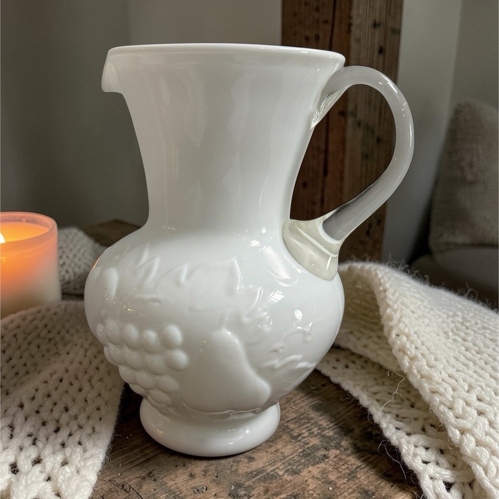 Ceramic Grapevine Glossy Decorative Pitcher White Pottery Handle Round