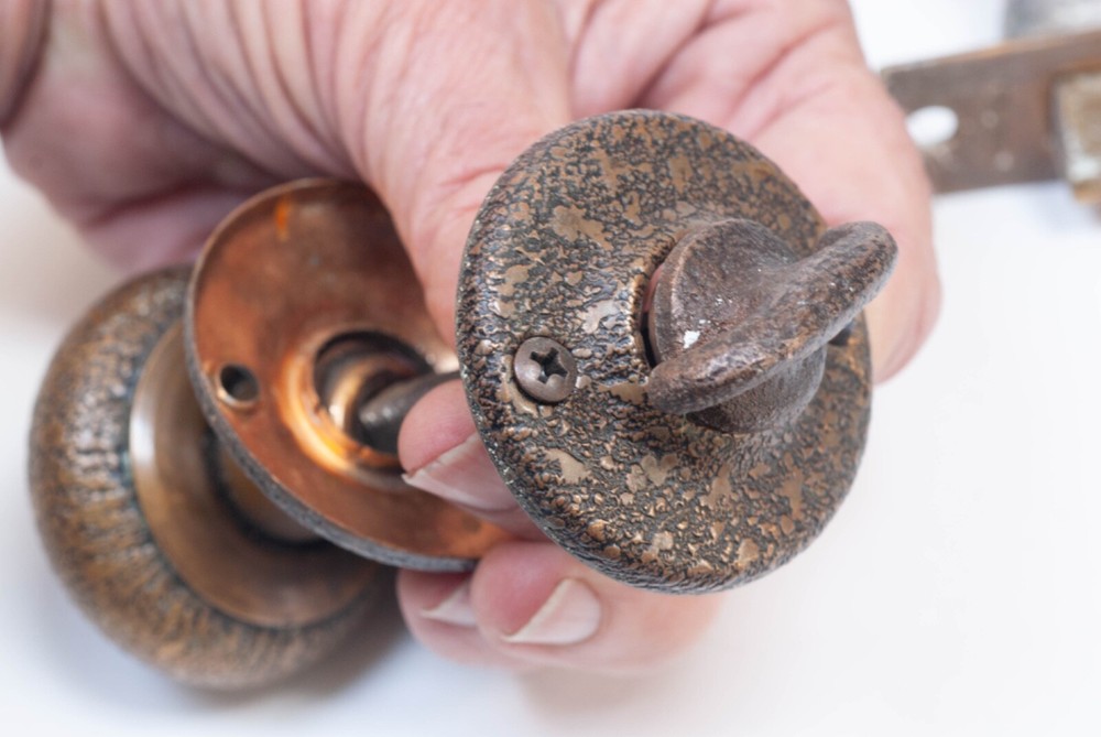 Antique Dexter Brass Textured Mid-Century Door Knobs & Rosettes 1940's Complete