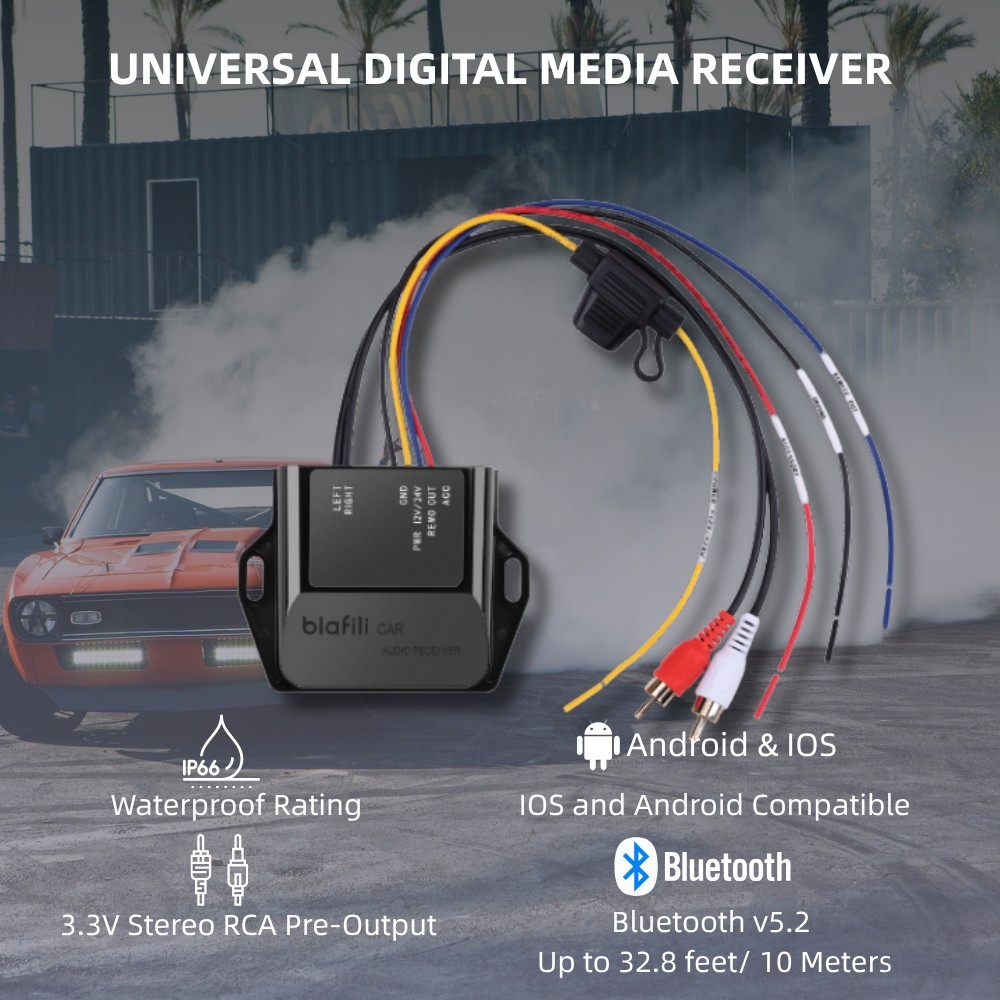 blafili CAR Bluetooth RCA Receiver for Car/Marine Amp, 12V/24V, ACC Trigger