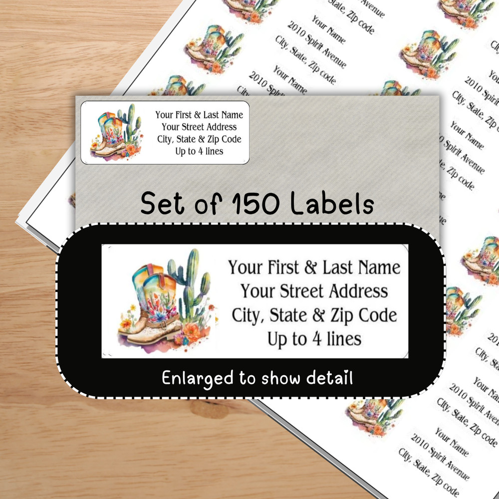 150 Boots Western Cactus Mailing Return Address Labels Personalized