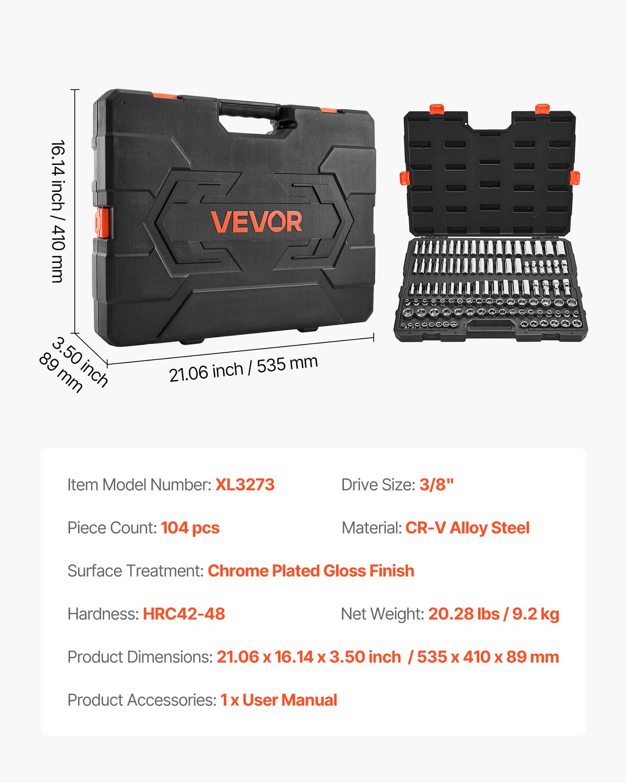 VEVOR Socket Set Socket Tool Set 104 Pieces 3/8 inch Drive Automotive Repair