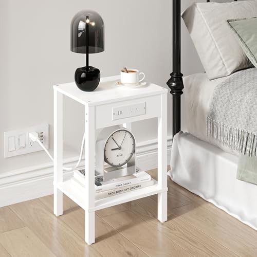 End Table with Charging Station, 2-Tier Nightstand with Storage 1 White