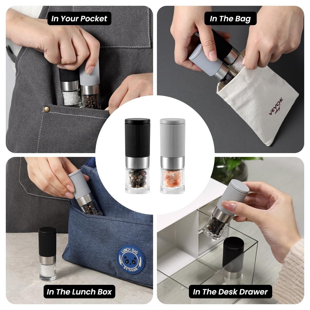 Mini Salt and Pepper Grinder Set, Small Tiny Adjustable Coarseness Ceramic Sa...