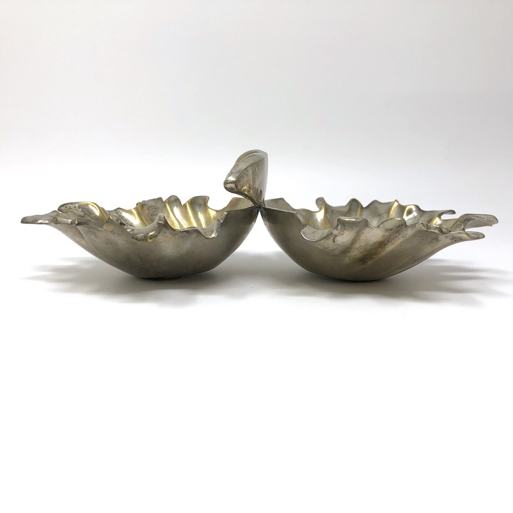 Vtg 1969 Silverplate Seashell Freeform Double Candy Dish Handle Gold Interior