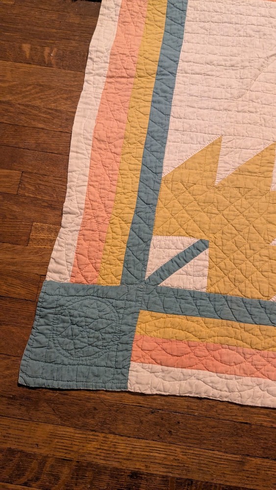 Antique Old Hand Stitched Multicolor Textile Maple Leaf Quilt 72"