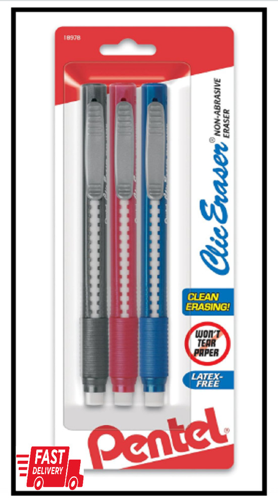 Pentel Clic Retractable Eraser with Grip, 3 Pack
