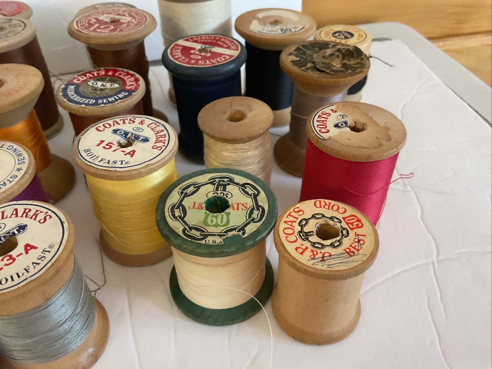 Vintage Lot of 40 Wooden Sewing Thread Spools Crafts Various Brands Full Partial