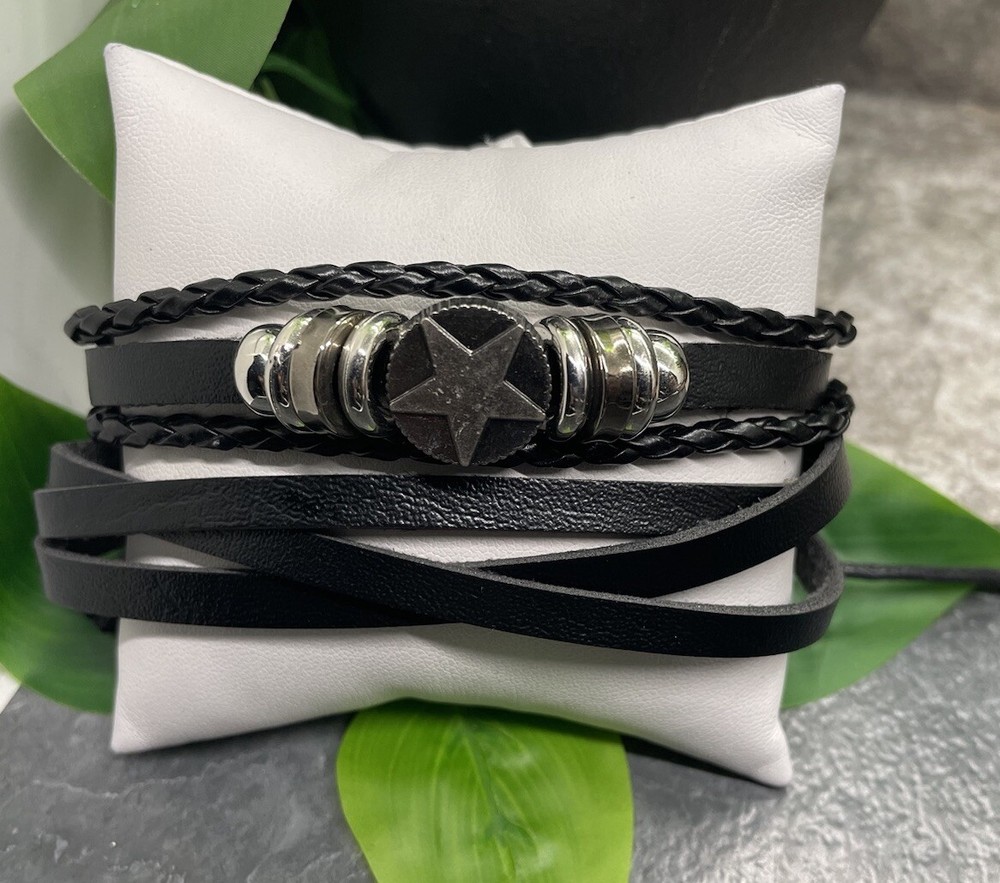 2 PC Leather Bracelet  Stackable Adjustable Tie Free Ship Star  B3272