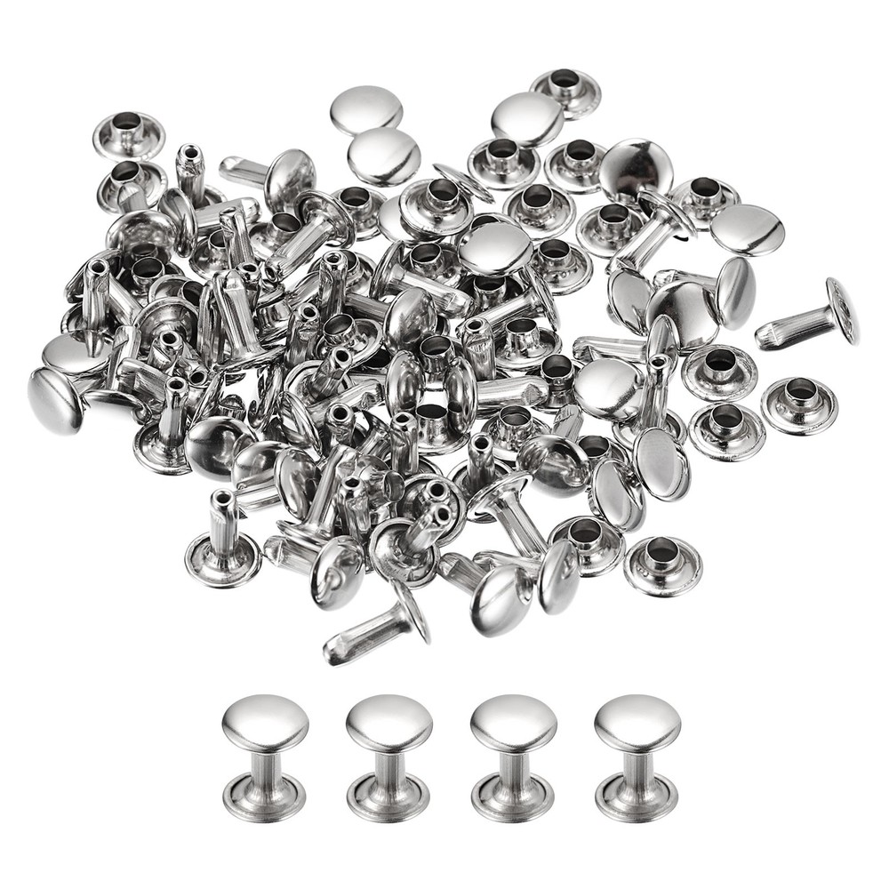 50 Sets Leather Rivets, 8mm Double Cap Rivets 10mm Height Studs, Silver Tone