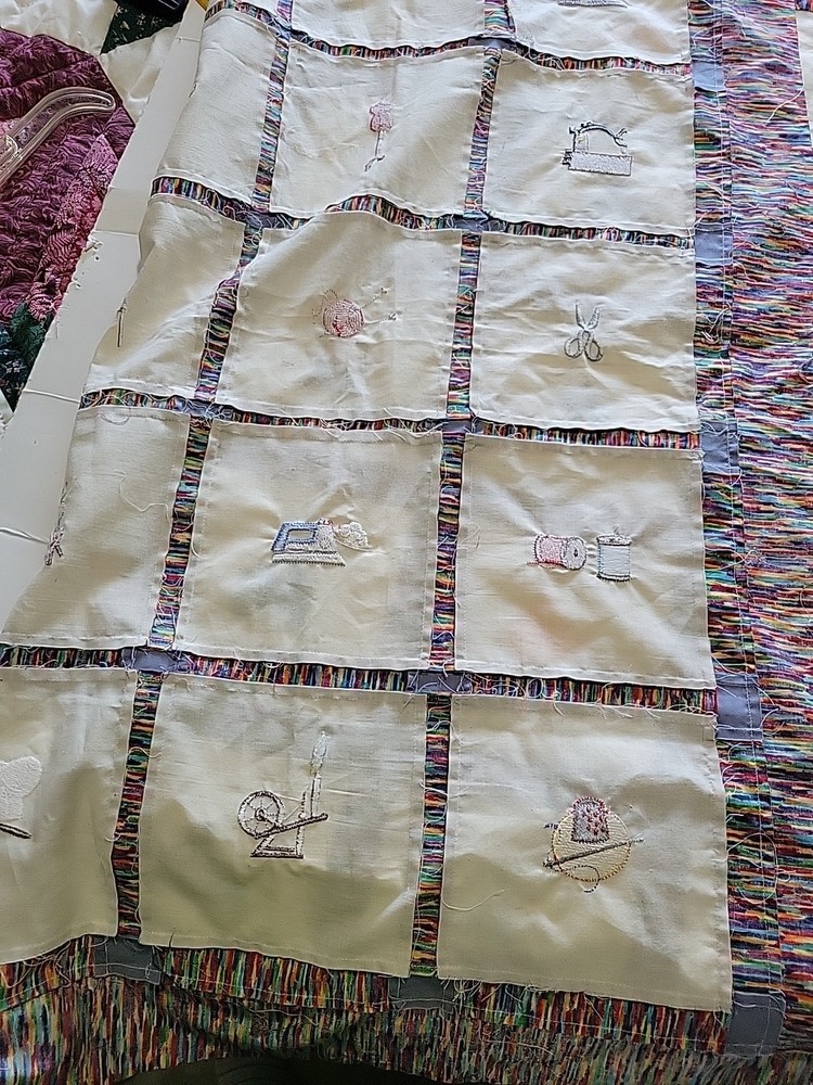 Machine stitched Patchwork Quilt Top Machine Embroidered Squares Sewing Themed