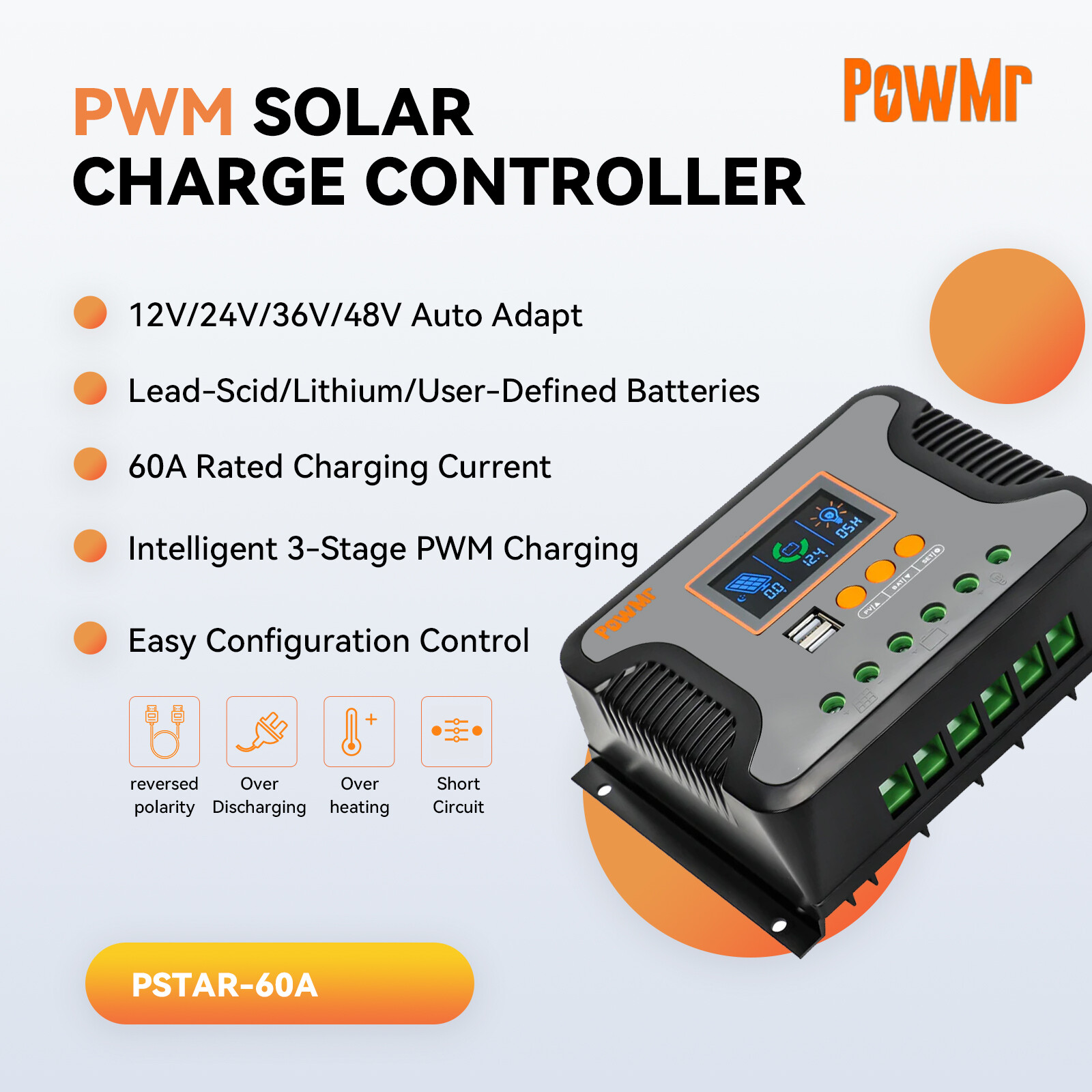 60A PWM Solar Panel Regulator Charge Controller lithium battery 12V/24V/36V/48V