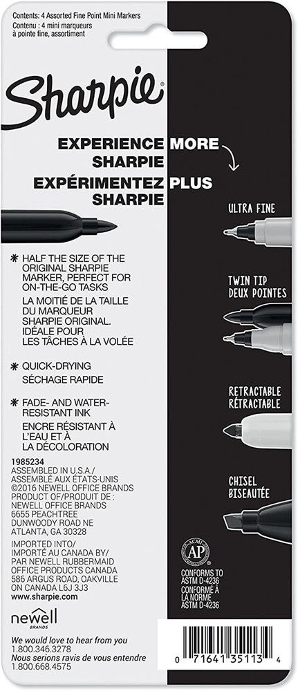 Mini Permanent Markers, Fine Point, Assorted Colors, 4 Count