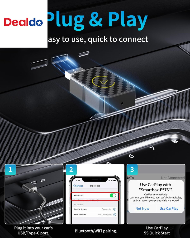 Mini Wireless Carplay Adapter for Apple, Plug & Play Low Latency Converts Wired