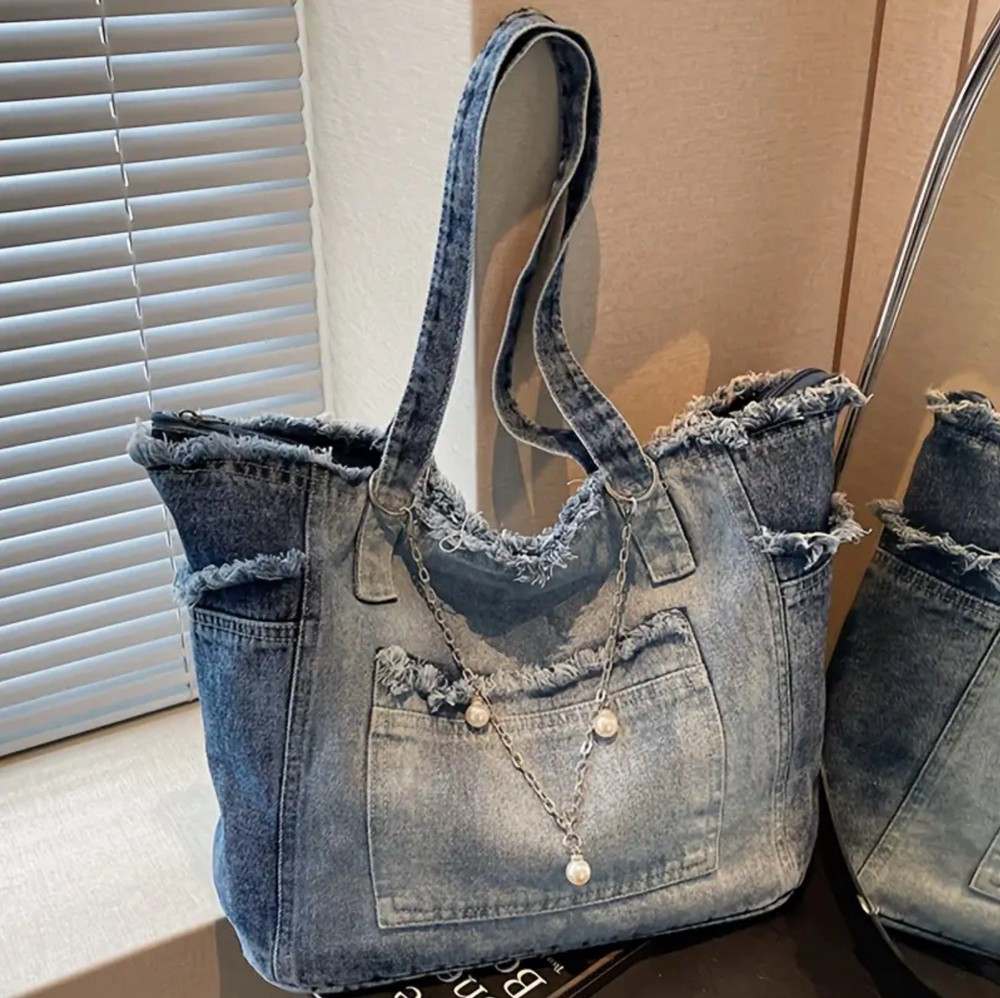 Blue Denim Large Shoulder Bag
