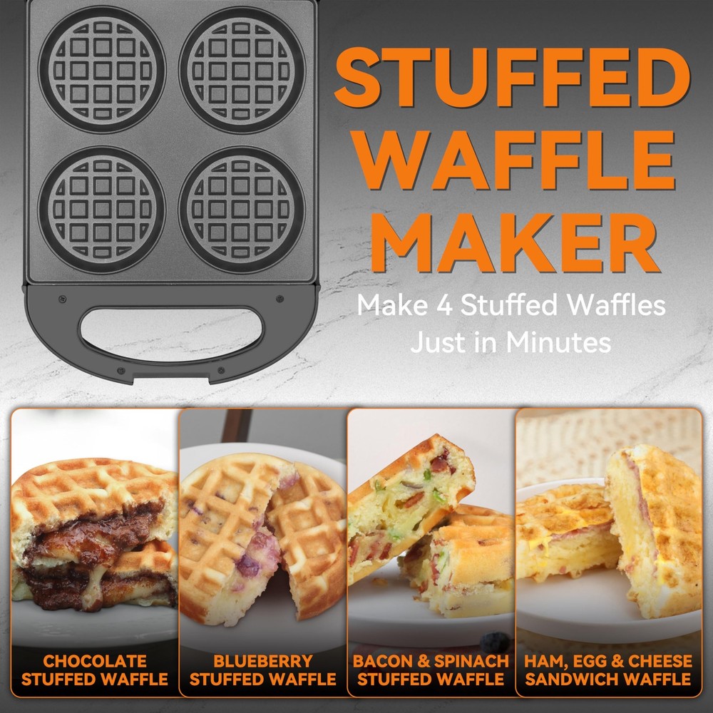 Multi Stuffed Waffle Maker Thick, 4-Slice with 1.2'' Thick & 4'' Dia, Belgian...