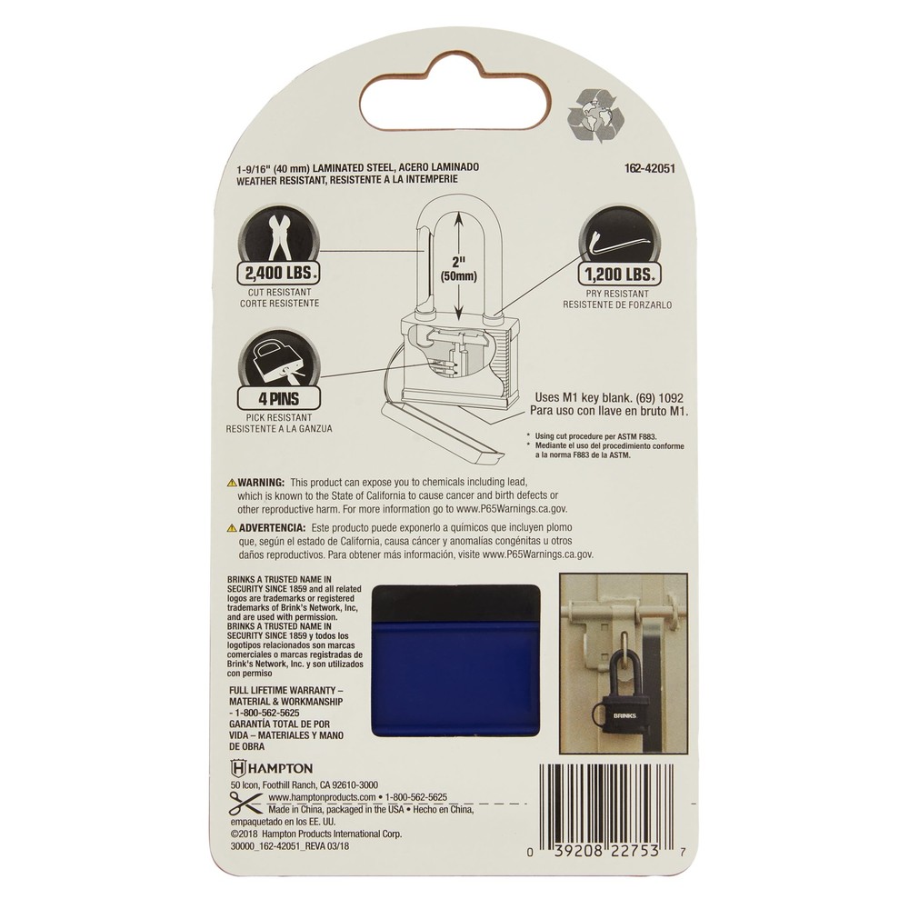 Brink's Weather Resistant 40mm Laminated Steel Padlock Key Driven Lock