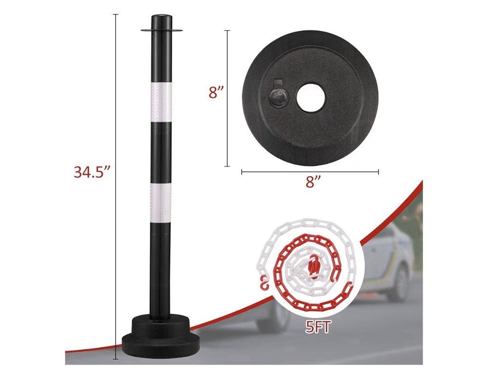 4 Pack- 34” Traffic Delineator Post Cones, Fillable Base & 5ft Plastic Chains