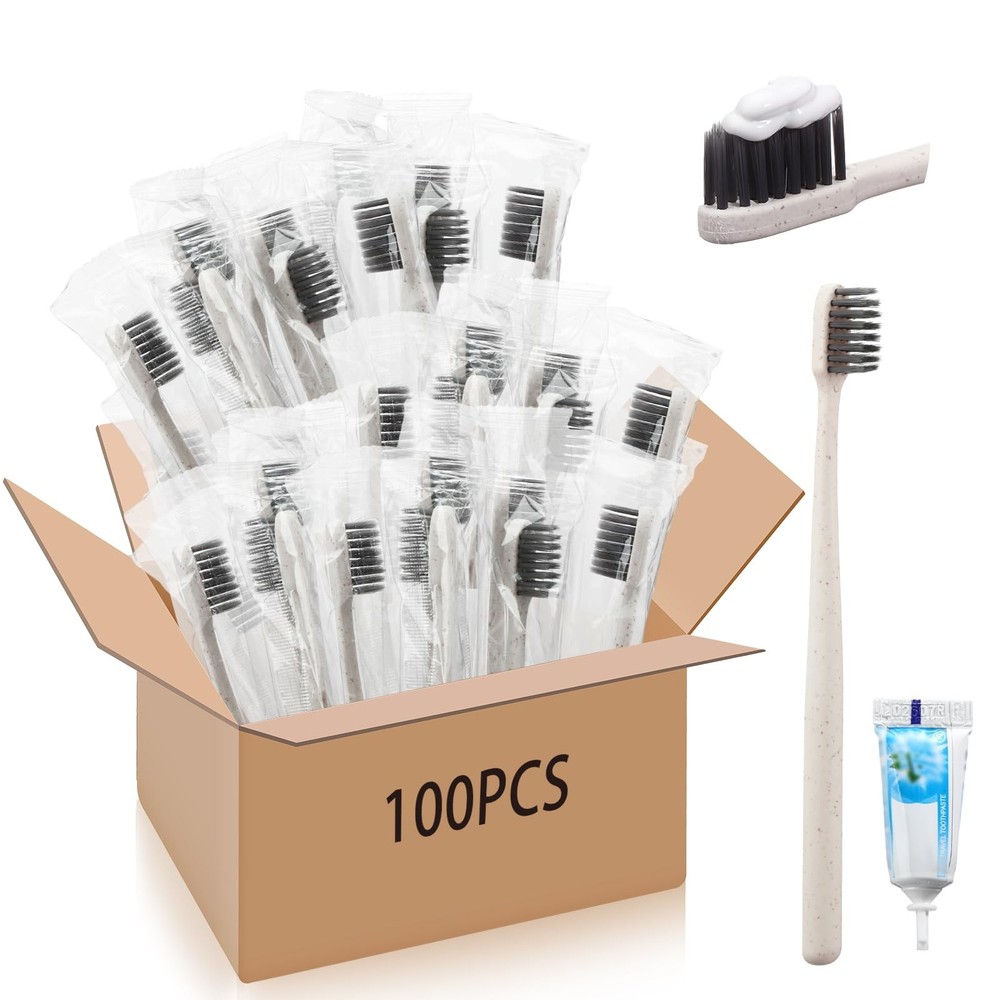 Uiifan 100 Sets Disposable Toothbrushes with Toothpaste Bulk Individually Wra...
