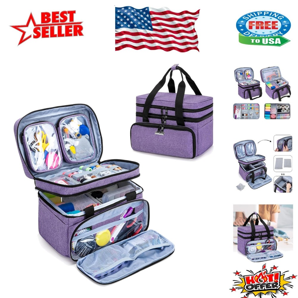 Functional Double Layer Sewing Tools Storage Bag with Clear Detachable Pouches