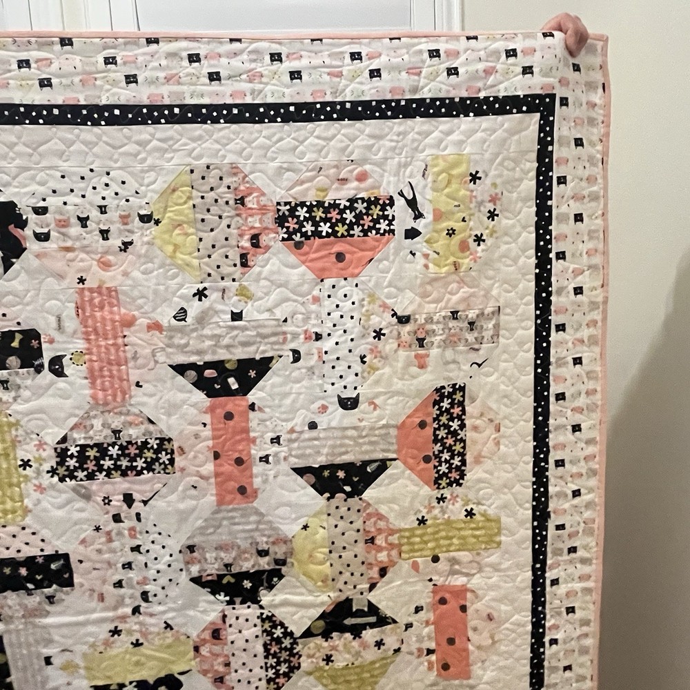 Handmade Cats and Camper Trailers Patchwork Quilt Blanket Pink
