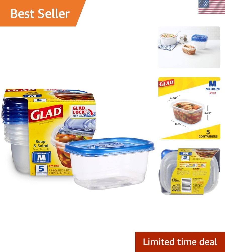 5 Pack 24 Oz Medium Rectangle Food Storage Containers - Freezer, Microwave Safe