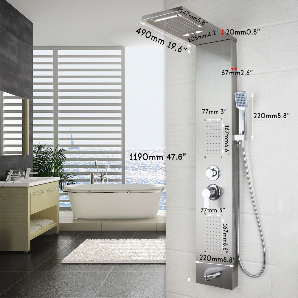 Brushed Nickel Bathroom Multi Function Shower Panel Hand Spary Wall Mount Tap
