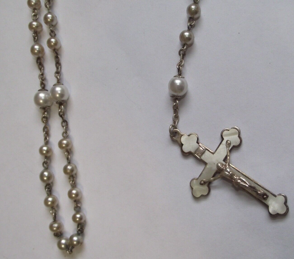 Vtg faux pearl mop bead rosary ornate Virgin Mary SH Jesus medal INRI crucifix