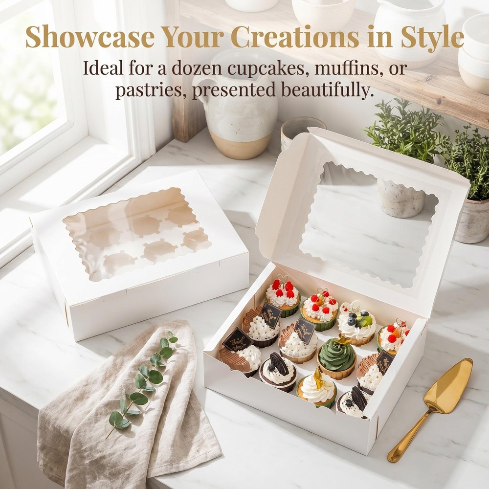 20 Pack White Paper Cupcake Boxes 12 Counts With Inserts Window Pastry Cookie