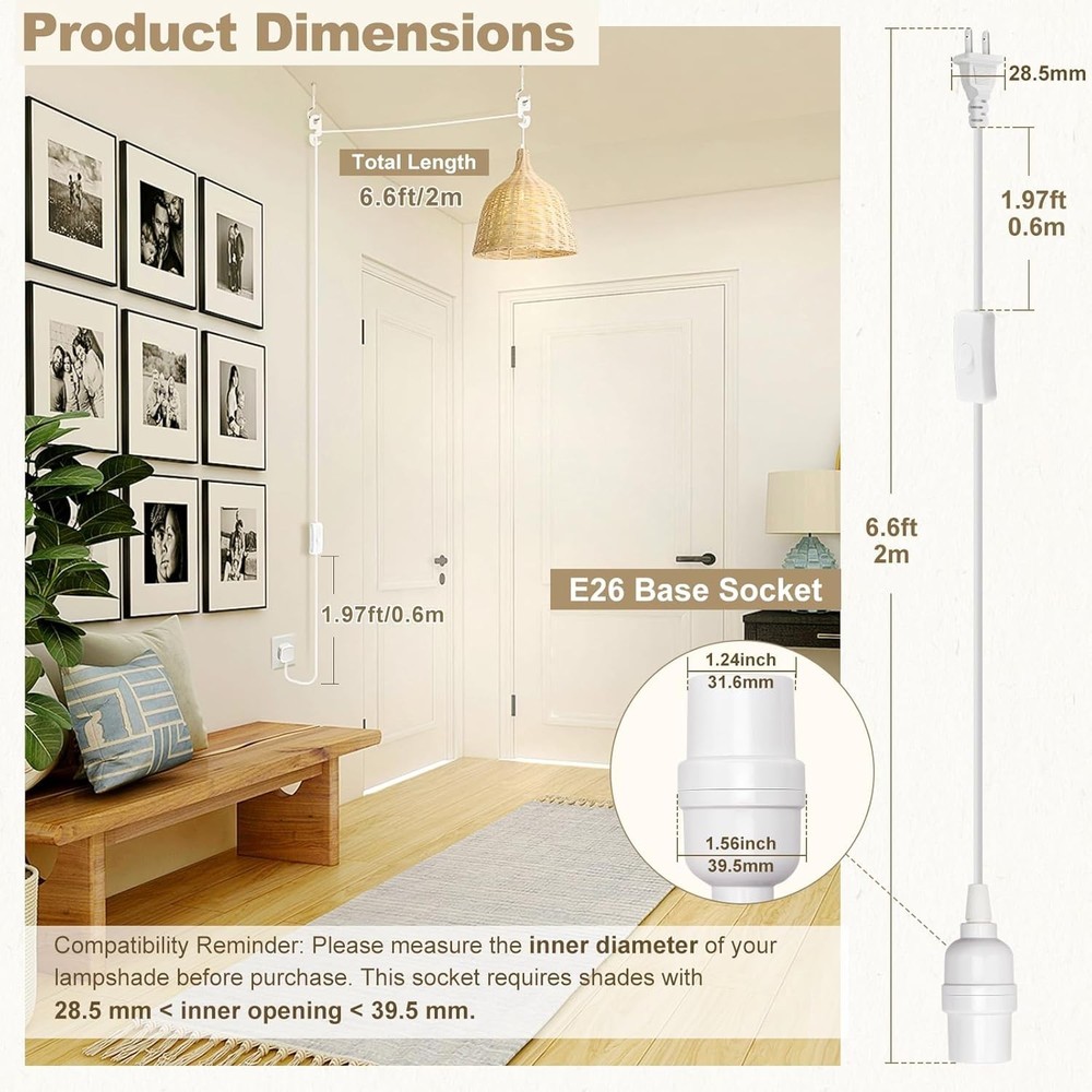 6.6ft Extension Cord with E26 Light Socket & Inline Control - 100W Power