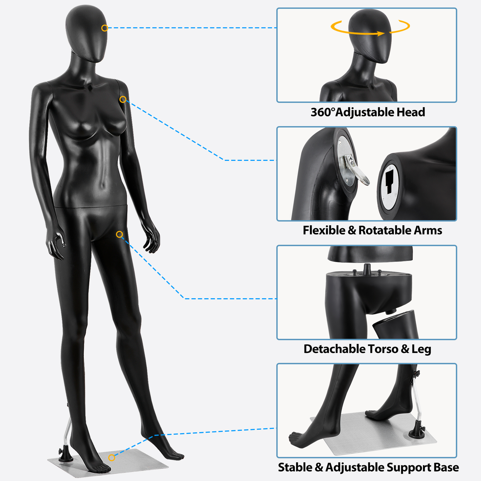 70"Female Mannequin Full Body Realistic Display Head Turns Dress Form Base Black