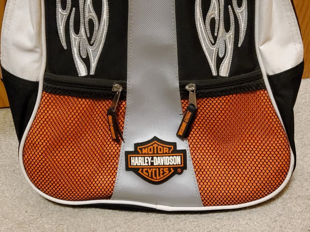 Harley Davidson White Black Red Flames Designer Padded Backpack Harley Shield