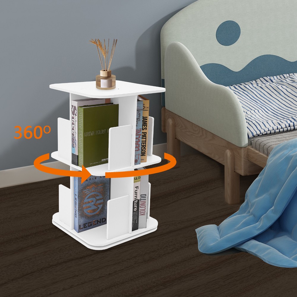360° Rotating White Bookshelf - 2 Tier Space-Saving Corner Bookcase