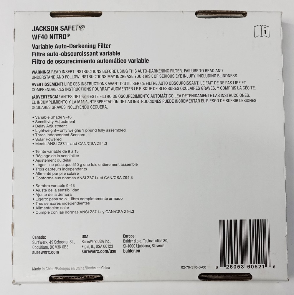 Jackson Safety Filter Plate W40 Nitro Variable Auto Darkening Filter 21947
