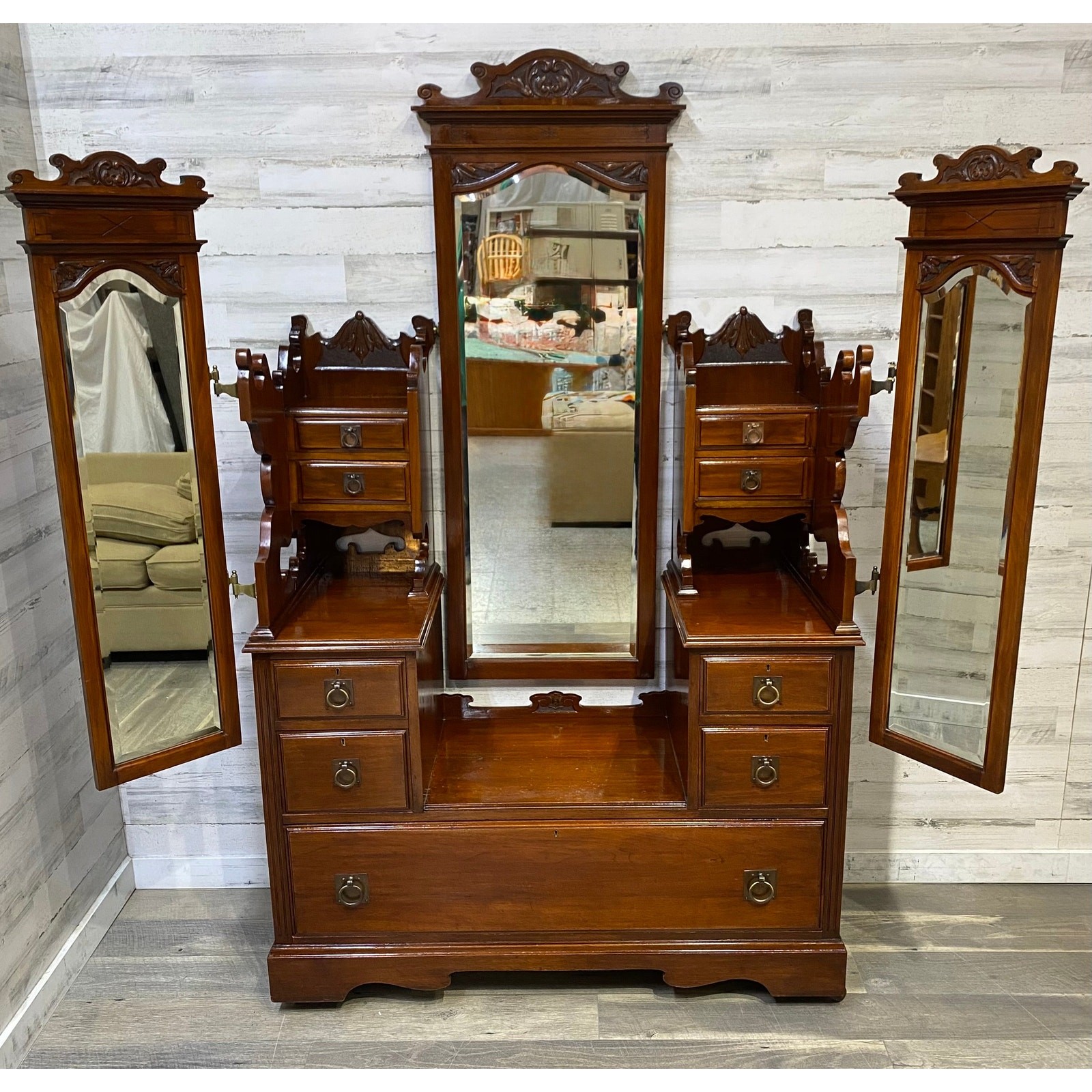 Antique Victorian Vanity Dresser Walnut Mirrors Late 1800s