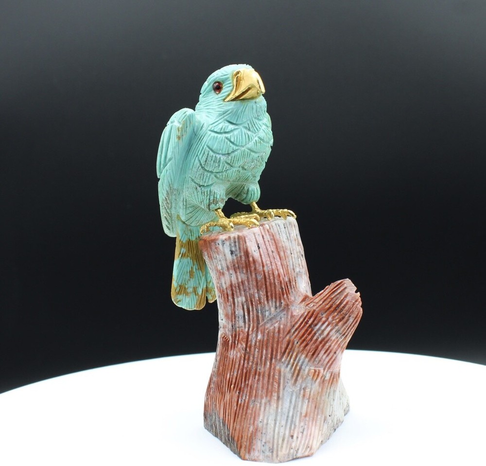 Natural Turquoise Handcrafted Eagle On An Ocean Jasper Trunk Base.