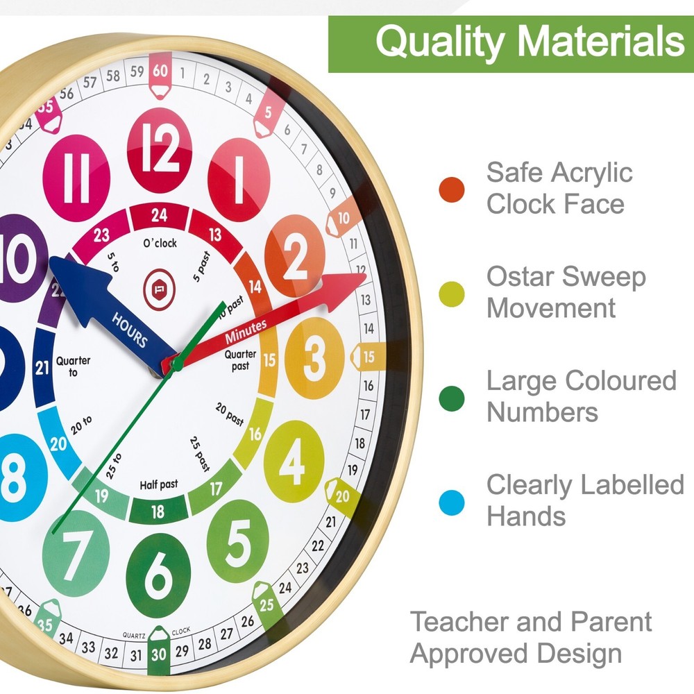 Children’s Learning Large 12” Wall Clock Safe Acrylic Face, Silent Sweep