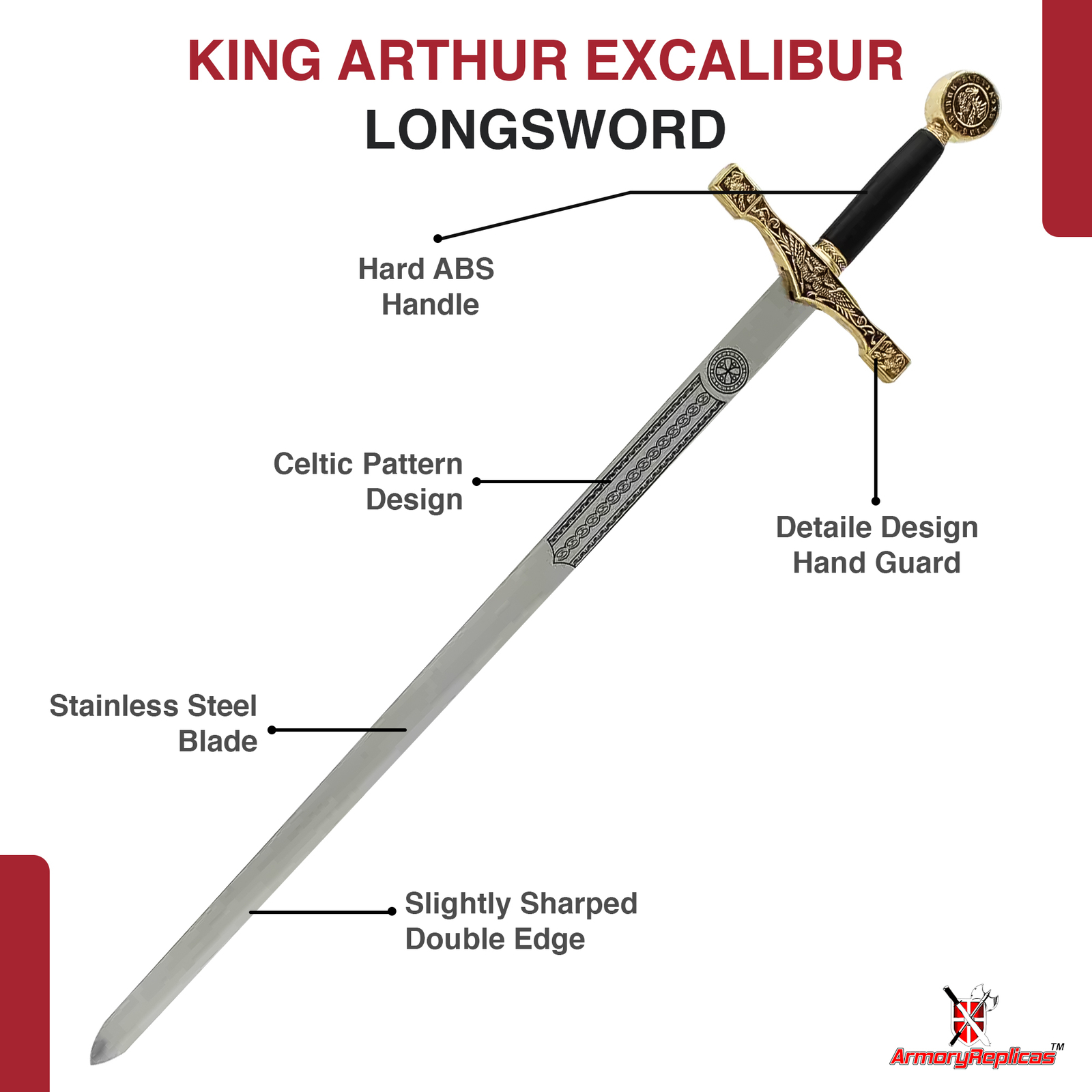 King Arthur Excalibur Longsword - Replica Medieval Knights Sword Gold-Anodized