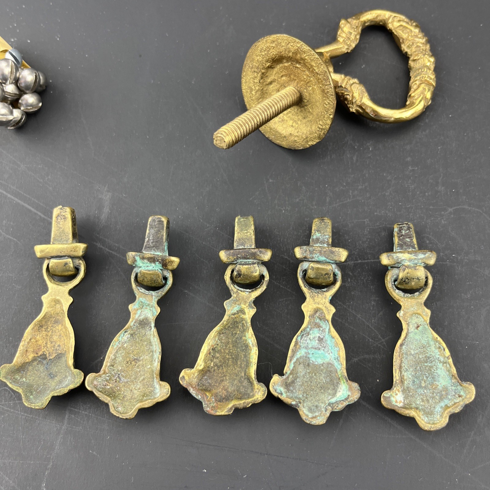 6 Antique Solid Brass drawer Pulls Patina 2 Sizes Bigger One Has Snake Heads