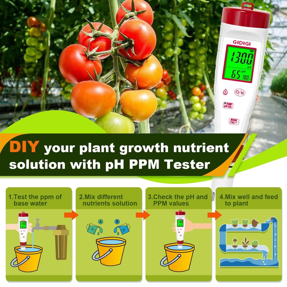 pH Meter for Hydroponic Water,Digital EC ppm Tester Nutrients Meter...