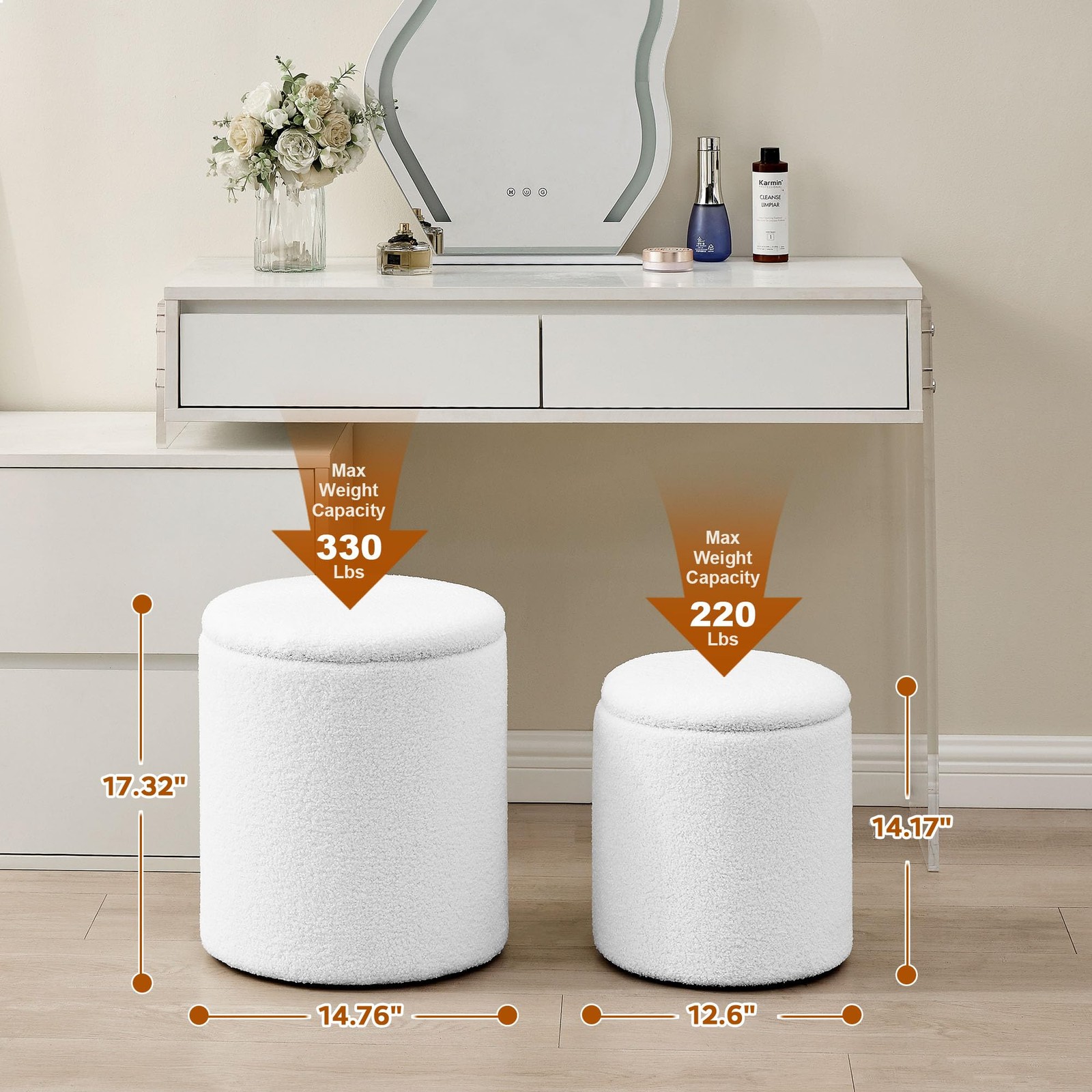 Round Set of 2 Ottoman with Storage, Boucle Storage Ottoman Foot Stool, Soft ...