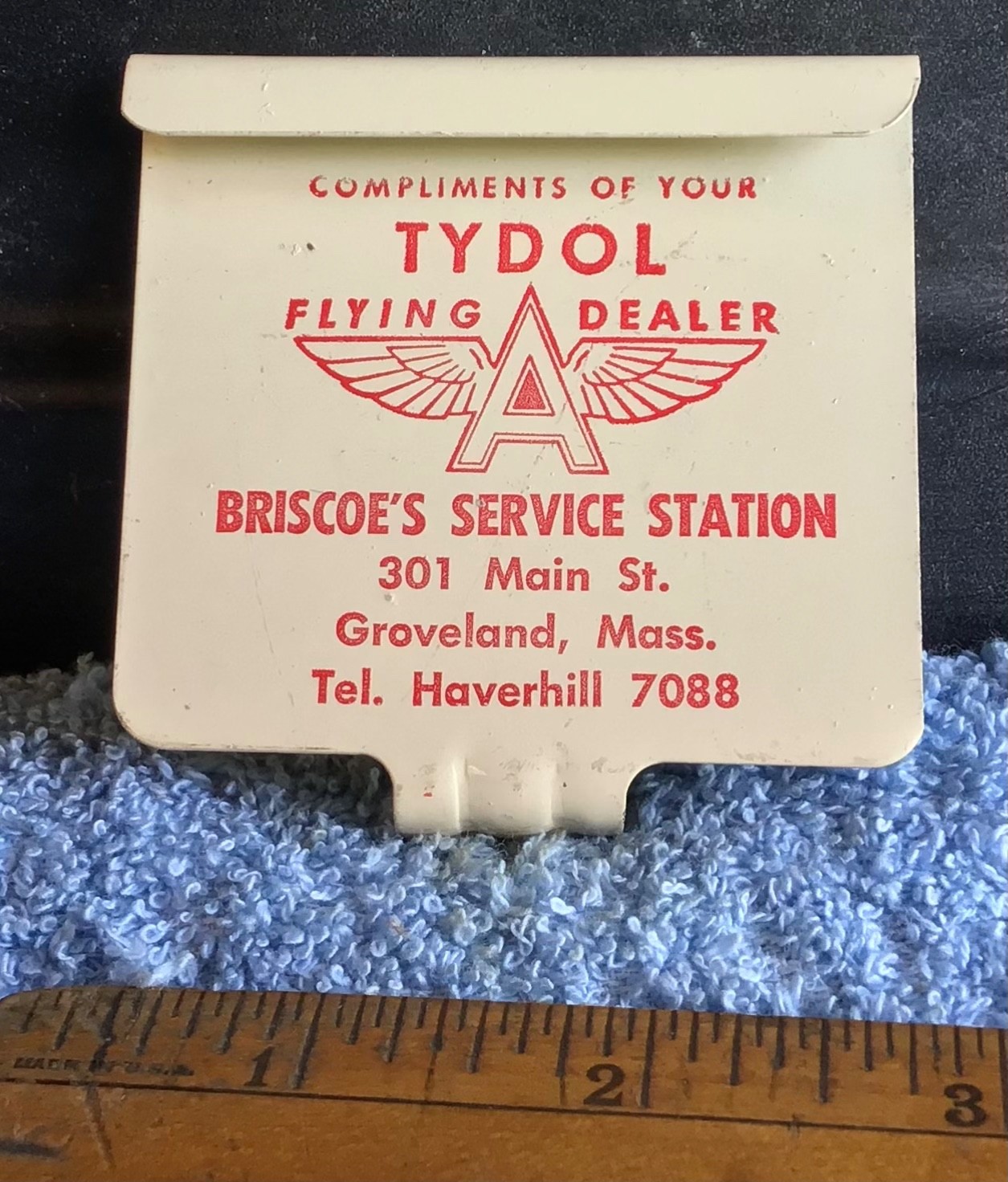 NOS vintage ~TYDOL•FLYING A Groveland MA GAS STATION old auto CLOTHES HOOK SIGN~