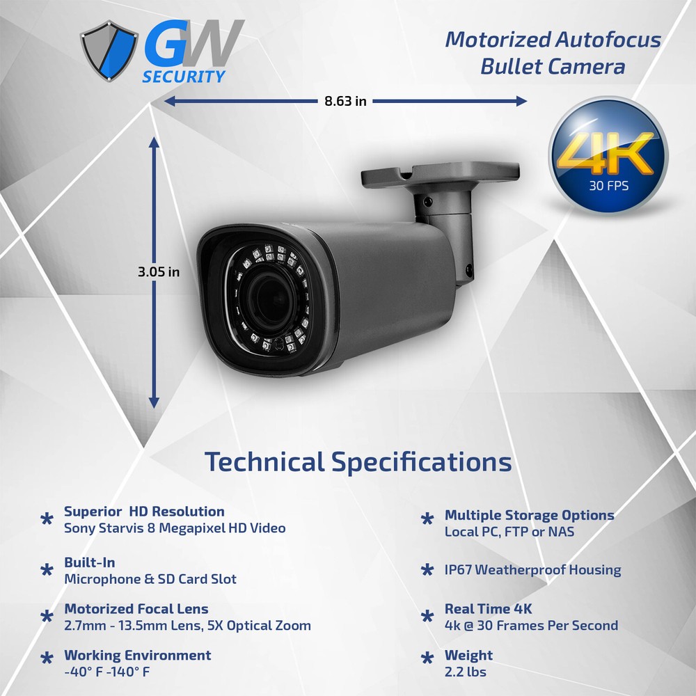 MXStar 4K @ 30fps Realtime 5X Motorized Zoom Autofocus Bullet Security Camera